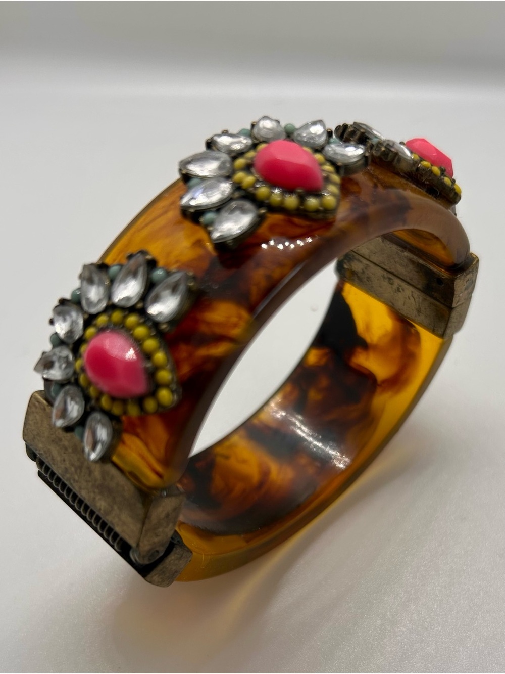 J Crew Vintage-Inspired Tortoiseshell Resin Bangle with Pink & Crystal Accents
